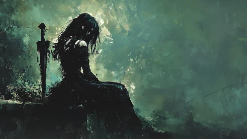 Solitary robed figure seated beside upright sword silhouette.