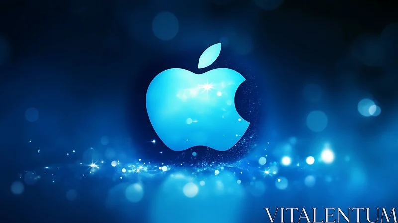 Cyan Apple Logo with Luminous Particles and Blue Bokeh