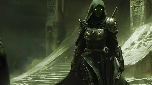 Hooded emerald knight strides through eerie ruined temple