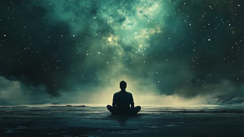 Silhouette meditates under vast teal cosmic night sky.