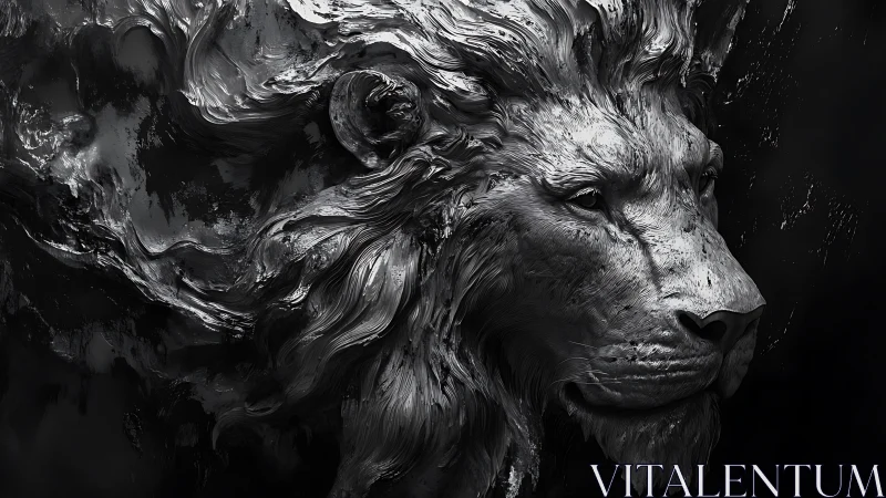 Monochrome 3D lion bust merges sculptural detail with motion