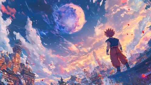 Bold anime hero greets a glowing fantasy city sky at dusk