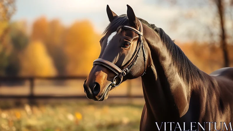 Equine portrait with tack in sunlit shallow depth field scene.