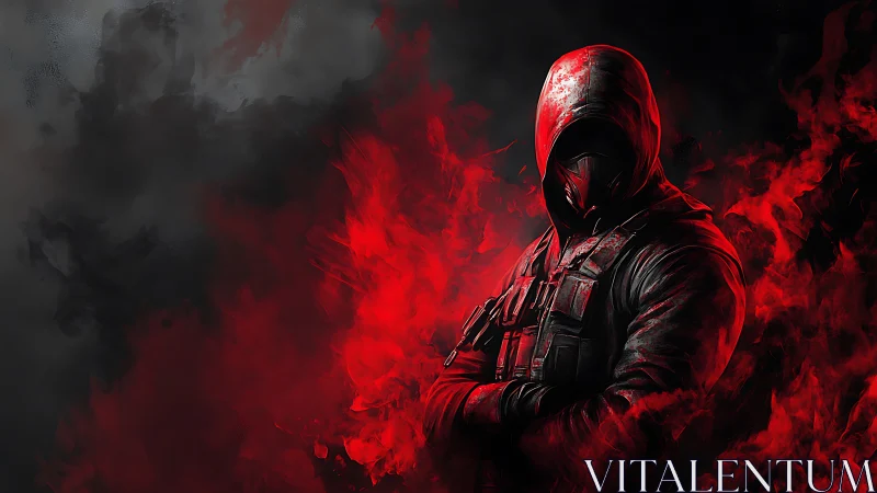Mysterious hooded warrior surrounded by vivid red smoke.