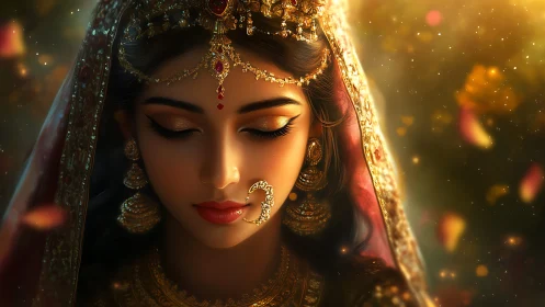 Regal bride portrait glows under warm golden bokeh light