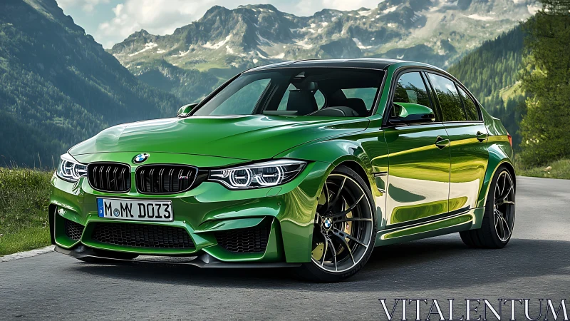 Emerald green sports sedan shines on winding alpine road.