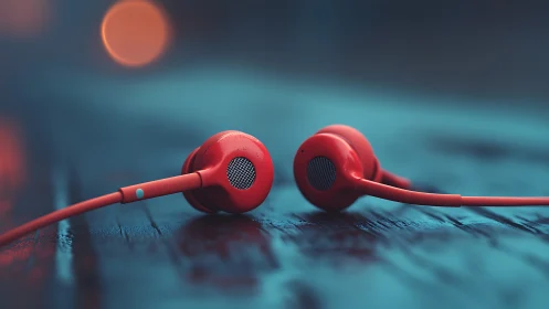 Bright red earphones rest softly on a moody blue surface