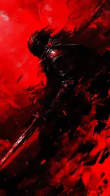 Armored dark knight emerges in abstract crimson turbulence
