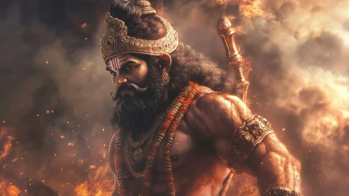 Warrior deity figure stands amid swirling fire and smoke