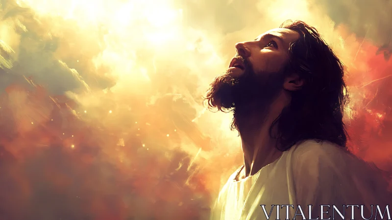 Side profile of bearded man against luminous clouded sky.