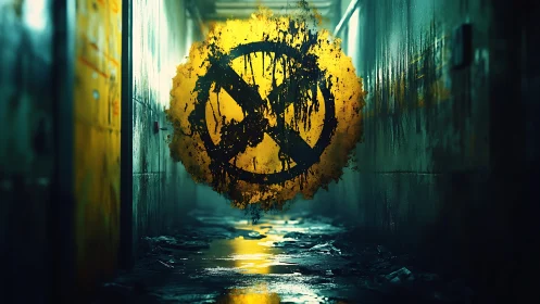 Neon alley with grunge prohibition symbol in midair.