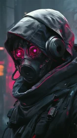 Hooded cyberpunk operative with neon respirator mask