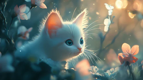 White Cat with Heart-Shaped Eyes in Magical Bokeh Garden.