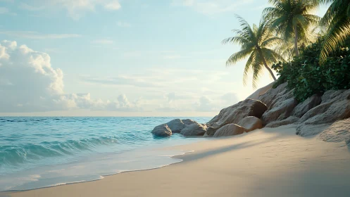 Tropical Paradise Beach With Granite Rocks and Palms