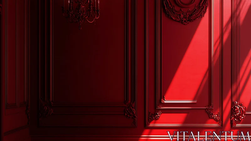 Crimson paneled wall catches dramatic shafts of light