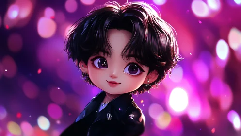 Chibi pop idol portrait with neon bokeh lights background.