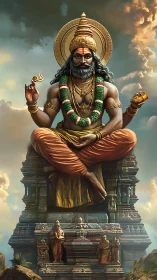 Sky-throned sage above temple tiers in sunlit devotion.