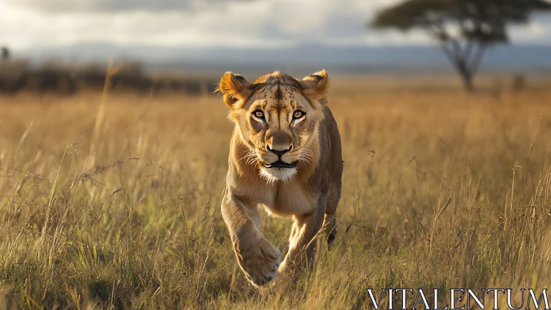 Golden savanna lioness padding softly through tall grass.