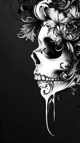 Ornamental skull silhouette with baroque floral filigree design.