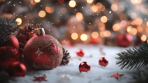 Red Christmas ornament rests in snowy bokeh holiday scene