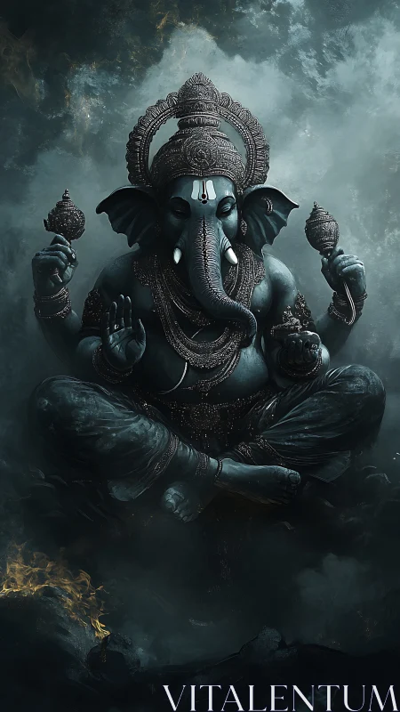 Divine Ganesha deity in dark ethereal digital rendering.