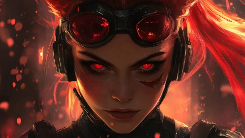 Intense cyber warrior portrait with glowing red eyes.