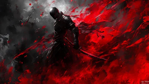Dark armored swordsman amid red and black energy storm.