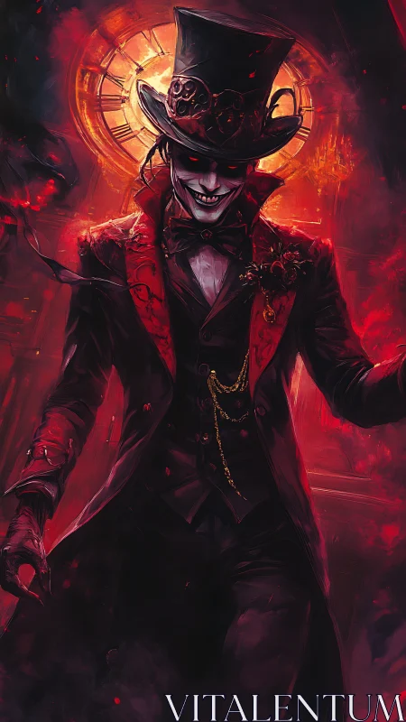 Top-hatted figure stands before illuminated clockface