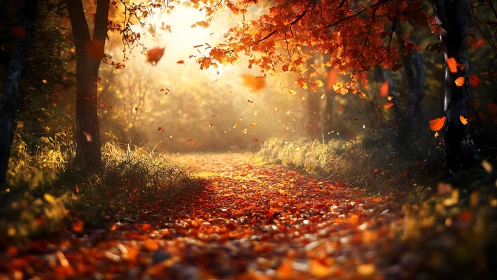 Atmospheric Autumn Forest Pathway with Falling Leaves and Volumetric Light