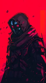 Hooded cyber assassin with glowing mask on red backdrop.