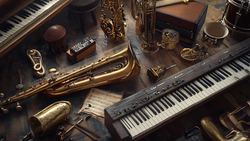 Assorted brass and keyboard instruments on wooden studio floor.