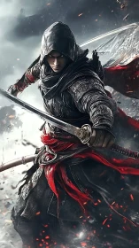 Storm-edge rogue spinning twin blades through embered frost.