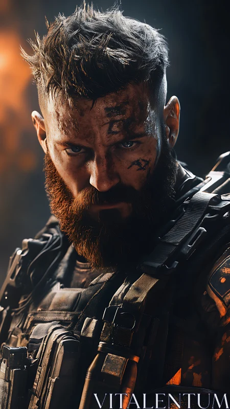 Bearded tactical soldier with combat gear in low light.