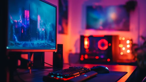 RGB-lit gaming battlestation with ultrawide monitor and PC tower