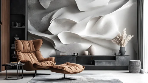 Modern lounge with sculptural abstract wall relief art.