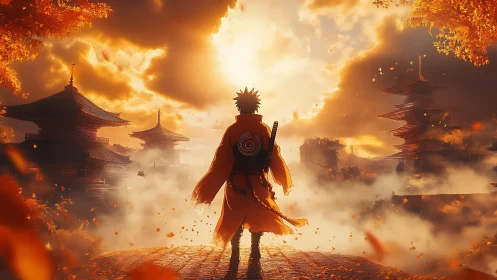Lone ninja greets a burning autumn sky above misty temples.