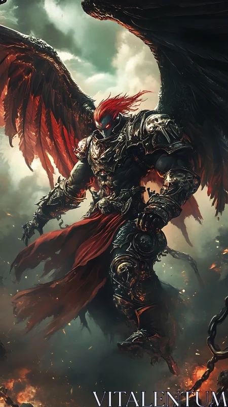 Armored winged warrior figure in fiery storm atmosphere.