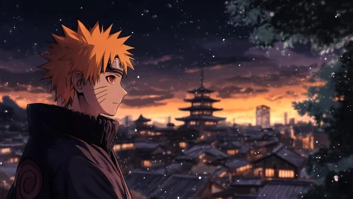 Anime shinobi profile over nocturnal pagoda skyline panorama.