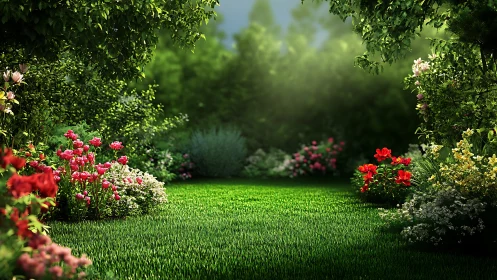 Lush flower garden opens onto serene sunlit green lawn.