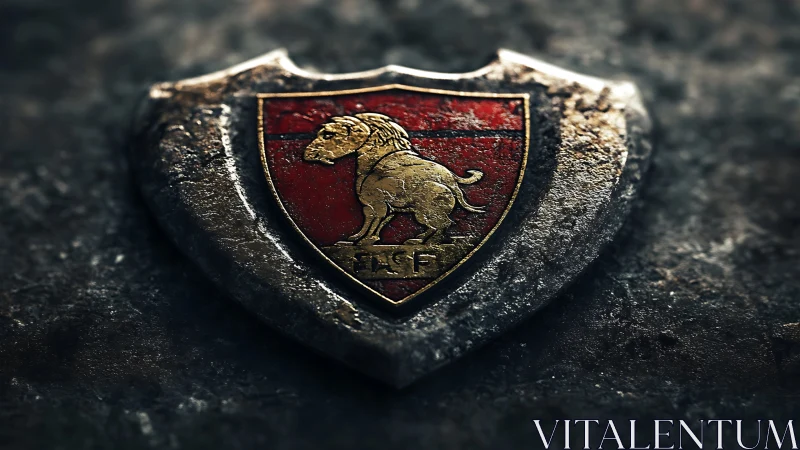 Weathered metal crest with lion emblem on red enamel field.