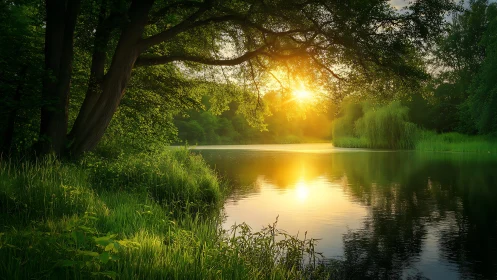 Golden evening sunlight gently warms a peaceful forest lake