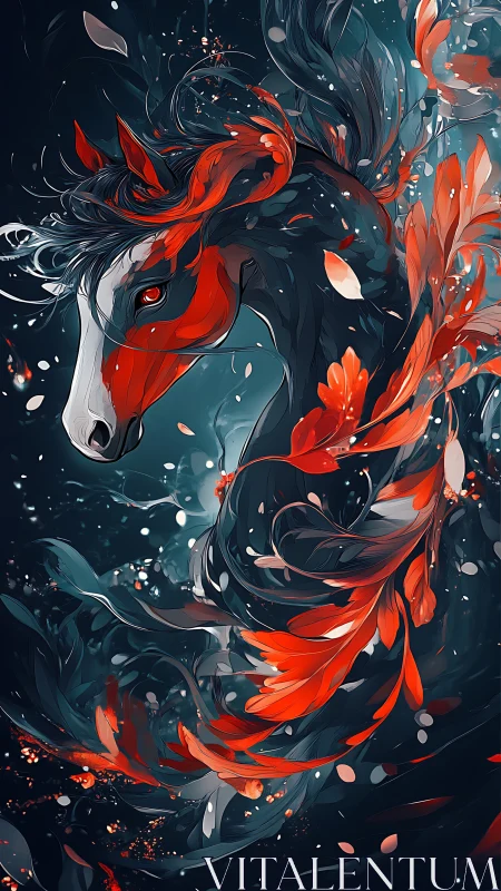 Crimson Spirit Horse Dancing Through Midnight Petals.