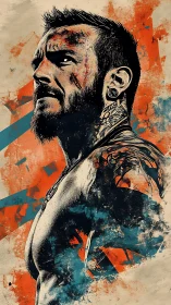 Strong tattooed fighter gazes ahead with gritty confidence.