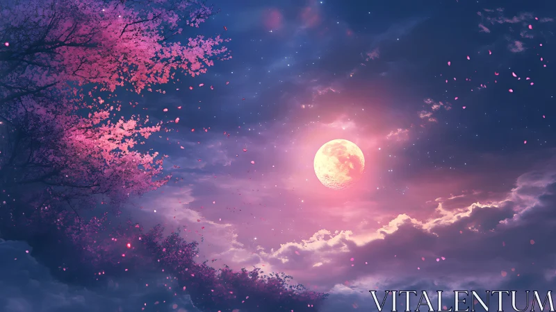 Pink moon glows over cherry blossoms under starry clouds