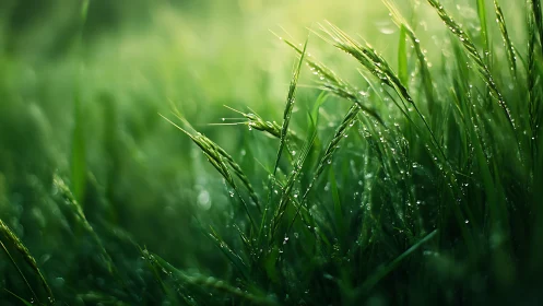 Backlit dew-covered grass blades display shallow depth of field