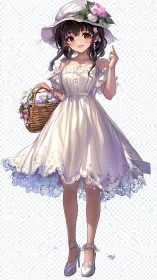 Summer garden girl in white lace dress and floral hat.