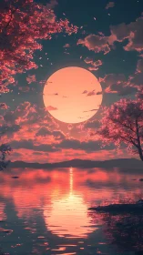Large pink sun over tranquil lake with cherry trees at dusk.