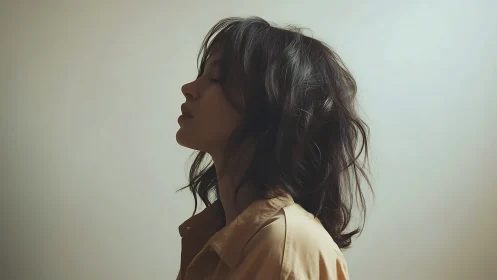 Serene woman in profile with soft lighting, minimalist portrait style.