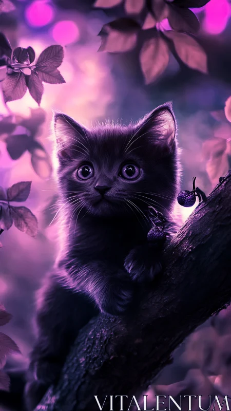 Ethereal Black Kitten Perched Among Neon Foliage and Luminescent Berries