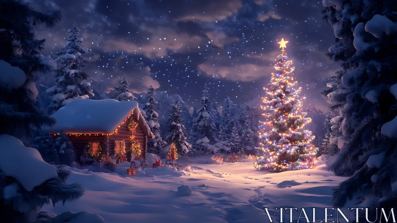 Snowy forest cabin glows beside a radiant Christmas tree